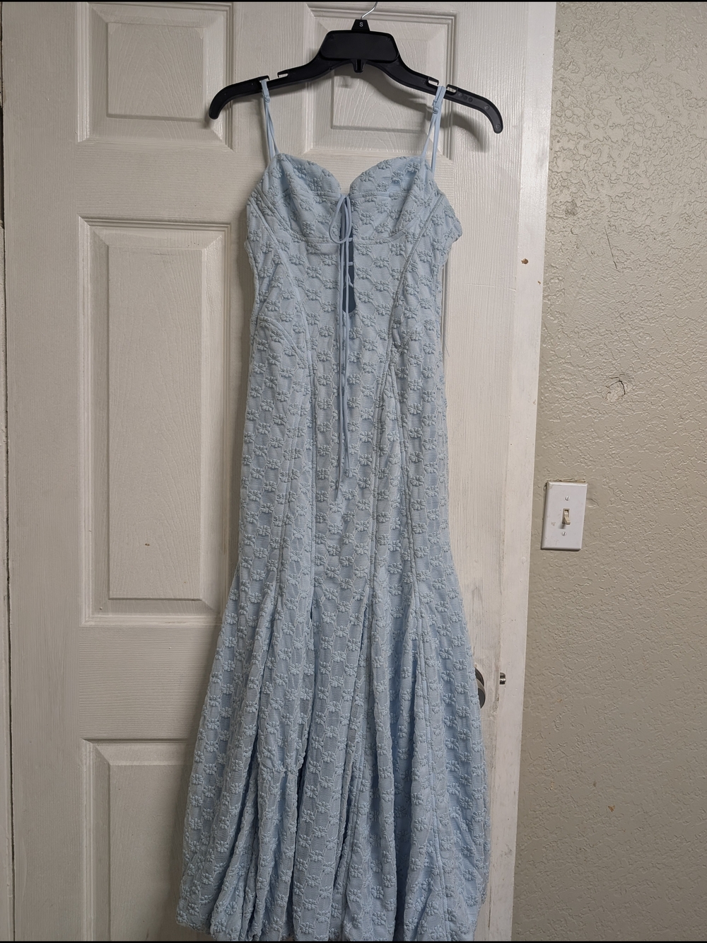 Bardot Pale Blue Lace Maxi Dress with Spaghetti Straps
